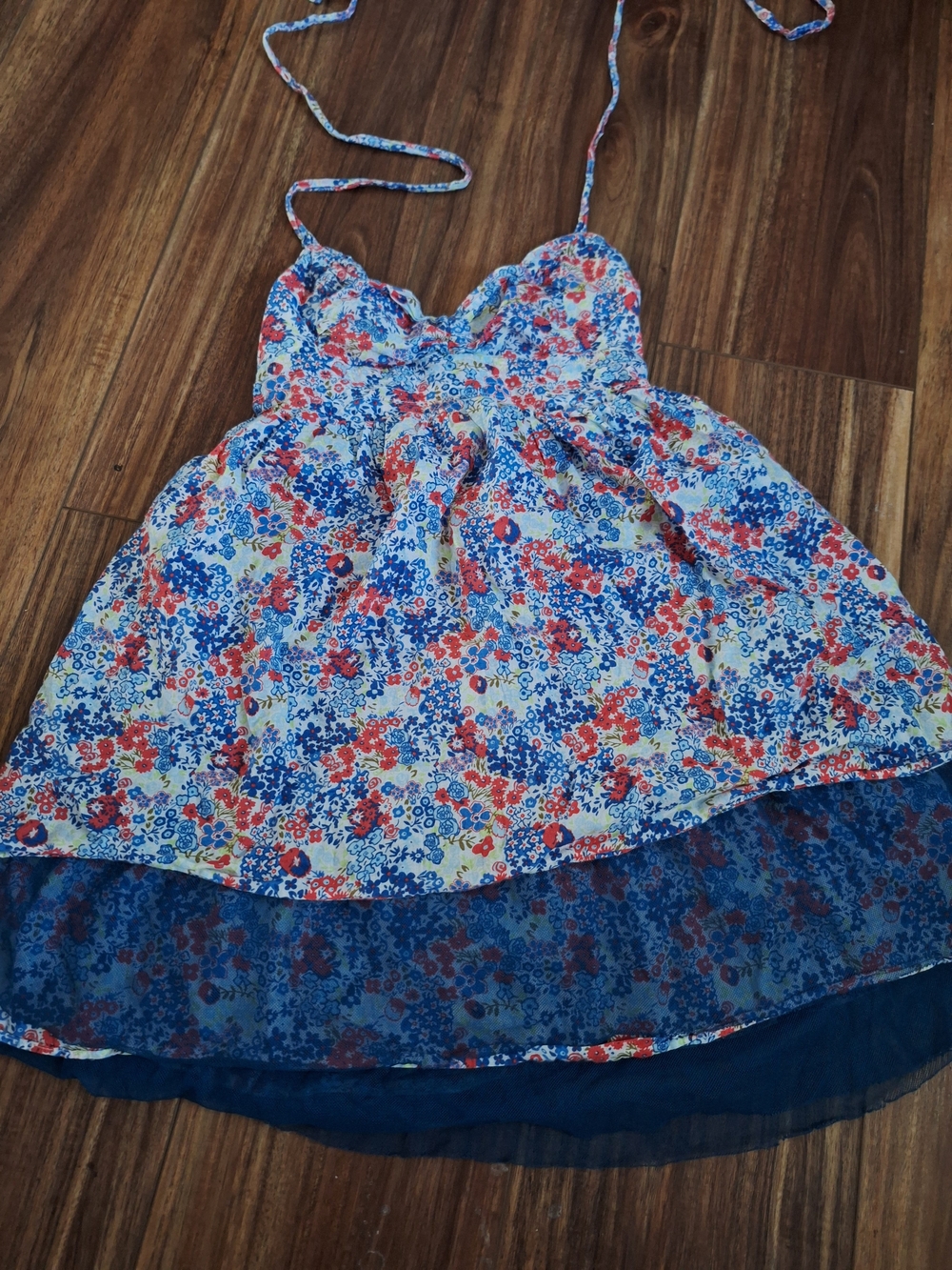 Y2K Hollister Blue & Red Floral Halter Spaghetti-Strap Sundress